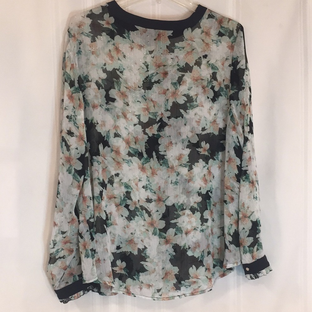 LIZ Claiborne 1X Sheer Blouse Floral PIT TO PIT 26"  corals, greens, Preworn - Picture 6 of 15